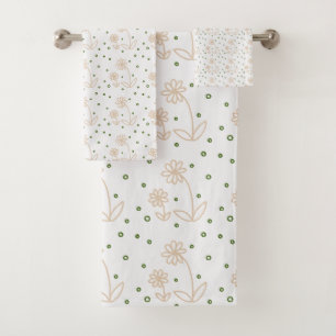 Daisies and Dots 2 - White, Sand and Palm Green Bath Towel Set