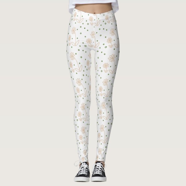 Daisies and Dots 2 - White, Sand and Palm Green Leggings (Front)