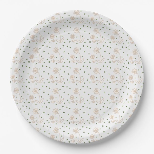 Daisies and Dots 2 - White, Sand and Palm Green Paper Plate (Front)