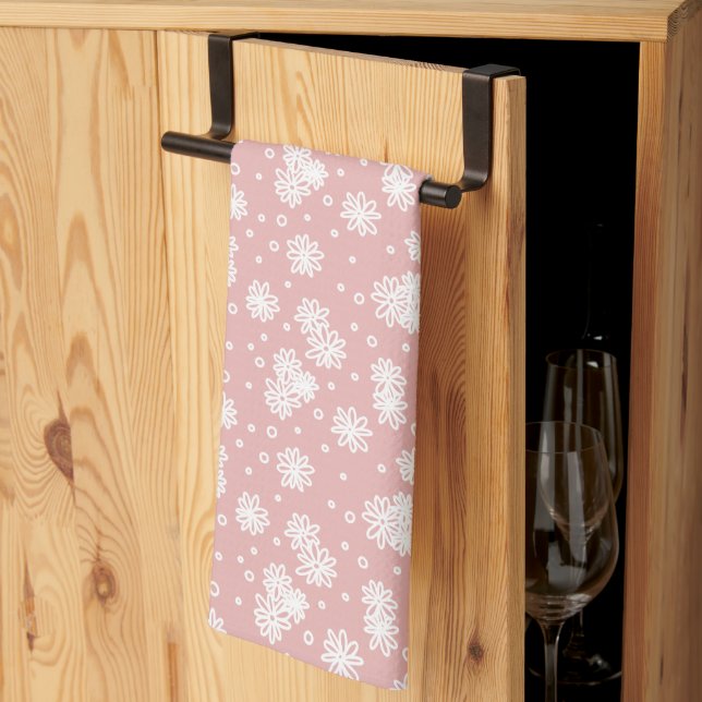 Daisies and Dots - Pink and White Tea Towel (Thirds Fold)