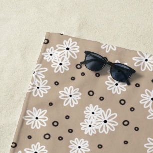 Daisies and Dots - Taupe, Black and White  Beach Towel