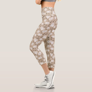 Daisies and Dots - Taupe, Black and White Capri Leggings