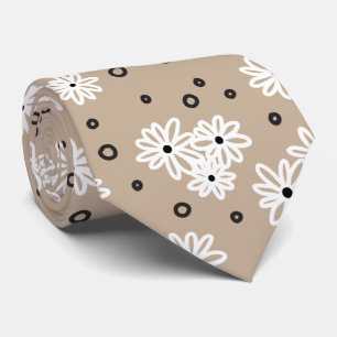 Daisies and Dots - Taupe, Black and White Tie