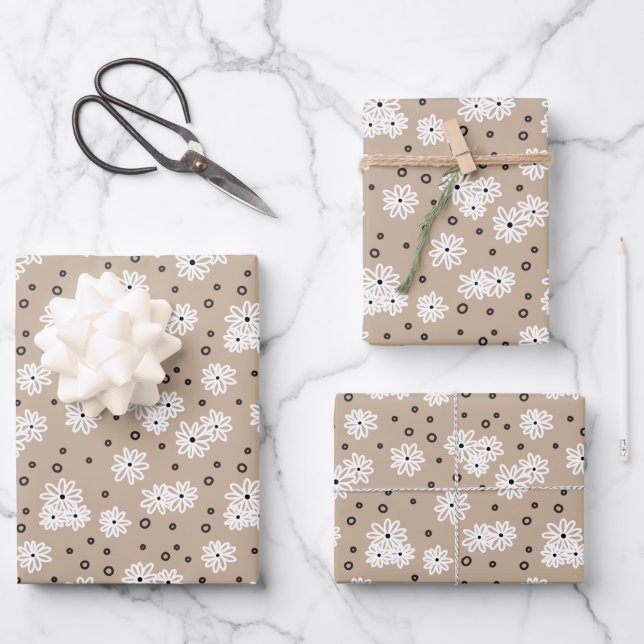 Daisies and Dots - Taupe, Black and White Wrapping Paper Sheet (Front)