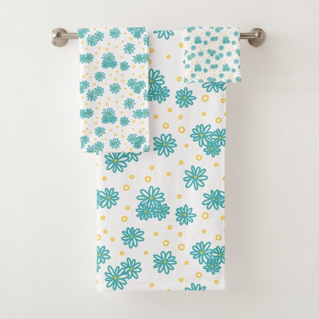 Daisies and Dots - Turquoise and Yellow  Bath Towel Set (Insitu)