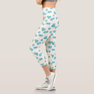 Daisies and Dots - Turquoise and Yellow  Capri Leggings