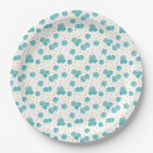 Daisies and Dots - Turquoise and Yellow  Paper Plate (Front)