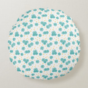 Daisies and Dots - Turquoise and Yellow  Round Cushion