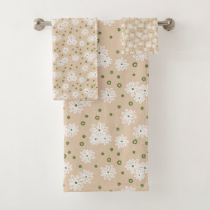 Daisies and Dots - White, Sand and Palm Green Bath Towel Set