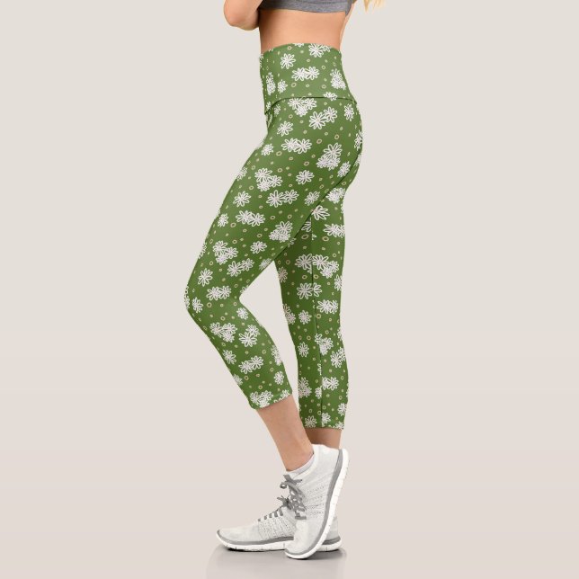 Daisies and Dots - White, Sand and Palm Green  Capri Leggings (Left)
