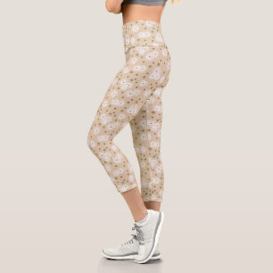 Daisies and Dots - White, Sand and Palm Green Capri Leggings