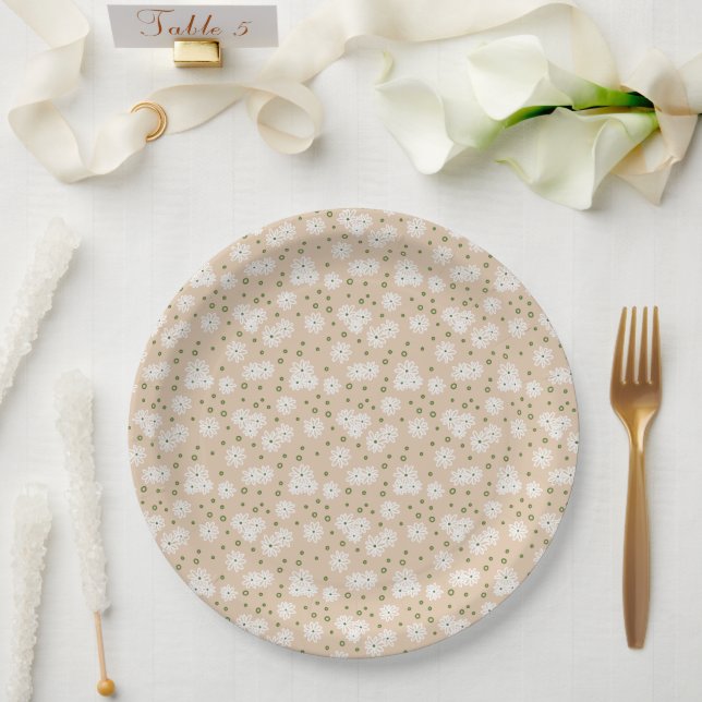 Daisies and Dots - White, Sand and Palm Green Paper Plate (Wedding)