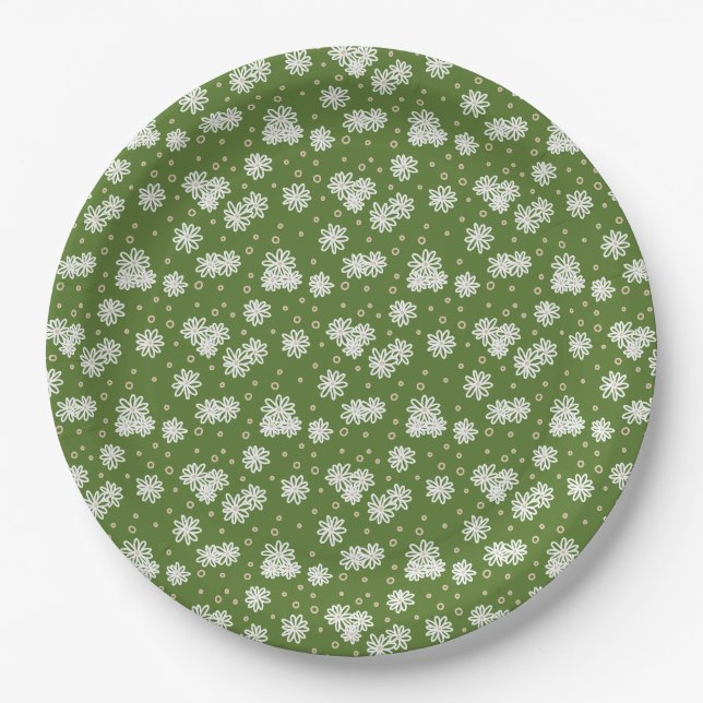 Daisies and Dots - White, Sand and Palm Green  Paper Plate (Front)