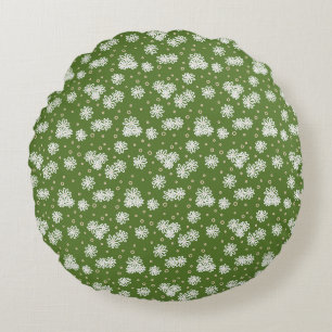 Daisies and Dots - White, Sand and Palm Green  Round Cushion