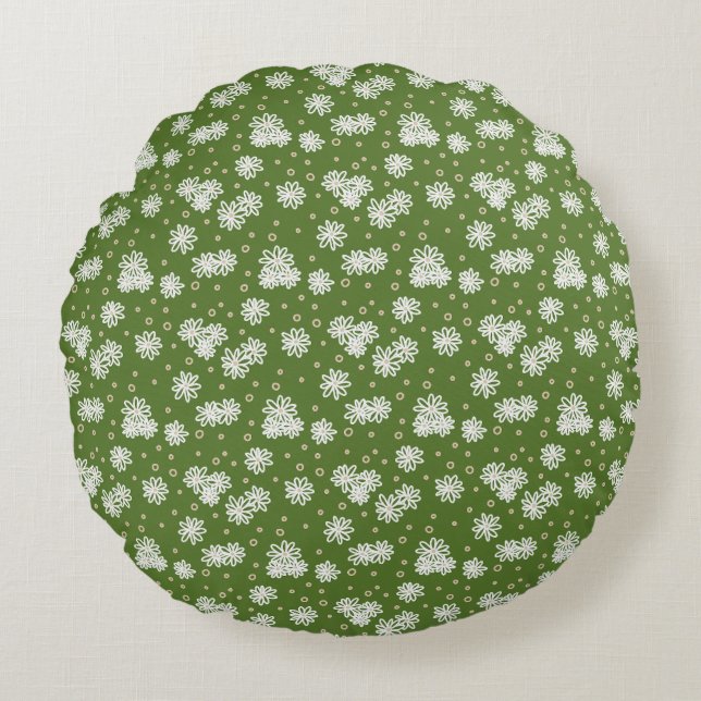 Daisies and Dots - White, Sand and Palm Green  Round Cushion (Front)