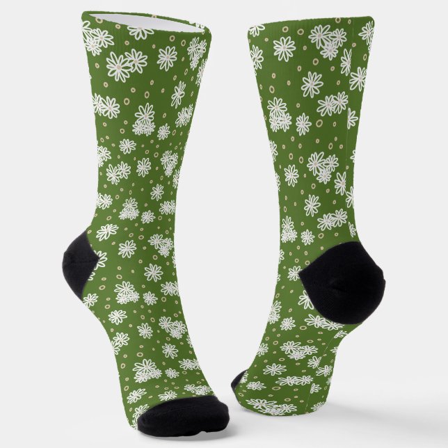 Daisies and Dots - White, Sand and Palm Green  Socks (Angled)