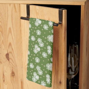 Daisies and Dots - White, Sand and Palm Green Tea Towel