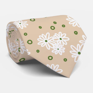 Daisies and Dots - White, Sand and Palm Green Tie