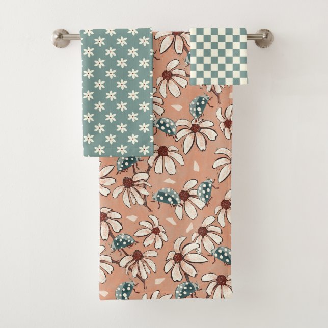 Daisies and Ladybugs Peach and Teal  Bath Towel Set (Insitu)