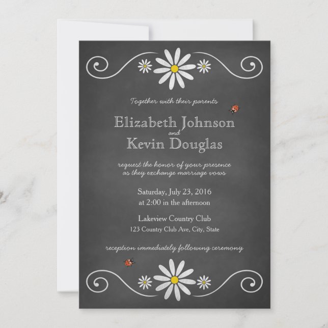 Daisies and Ladybugs Rustic Chalkboard Wedding Invitation (Front)