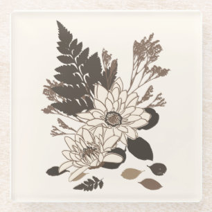 Daisies and Leaves - transparent on cream. Glass Coaster