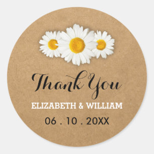 Daisies and Rustic Paper Wedding Thank You Classic Round Sticker