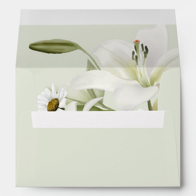 Daisies And White Lilies Light Green Background Envelope (Back (Bottom))