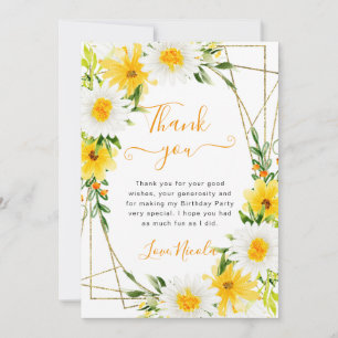 Daisies and Yellow Flowers Gold Frame Birthday Thank You Card