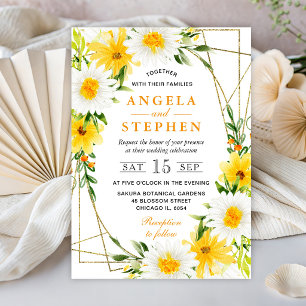 Daisies and Yellow Flowers Gold Frame Wedding Invitation
