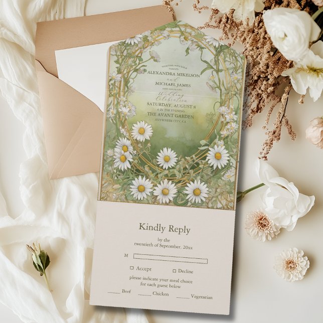 Daisies Art Nouveau Ivory Green Wedding All In One Invitation (Creator Uploaded)