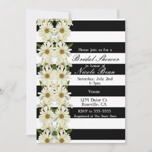 Daisies & Black White Stripes Modern Floral Invitation