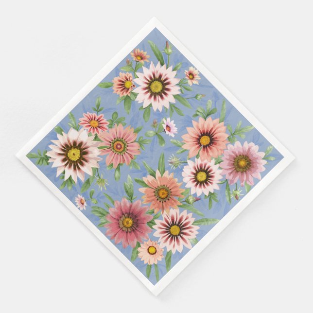 Daisies Blue and Pink Floral Botanical Art Pattern Napkin (Corner)