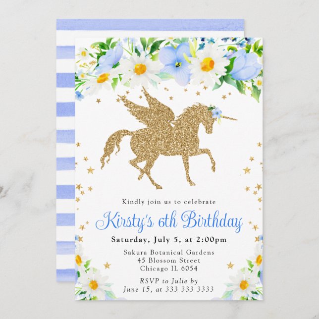Daisies Blue Flowers Gold Unicorn Birthday Party Invitation (Front/Back)