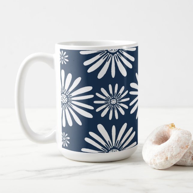 Daisies Blue White Floral Pattern Coffee Mug (With Donut)