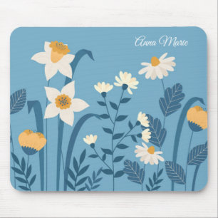 Daisies Botanical Blue Floral Mouse Pad