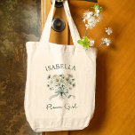 Daisies Bow Watercolor Floral Name Flower Girl Large Tote Bag<br><div class="desc">Looking for the perfect gift for your flower girl? This personalised floral tote bag is both practical and stylish, making it a sweet accessory for her big role in the wedding. Featuring a charming bouquet of delicate white daisies, this customisable bag allows you to add her name for a truly...</div>