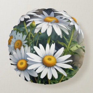 Daisies Bunch of Flowers Elegant Watercolor Round Cushion