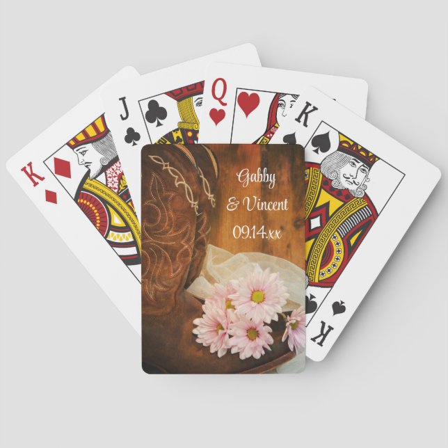 Daisies Cowboy Boots Country Western Wedding Playing Cards (Back)