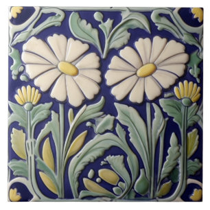 Daisies - Daisy Flower Art Deco Nouveau Green Blue Ceramic Tile