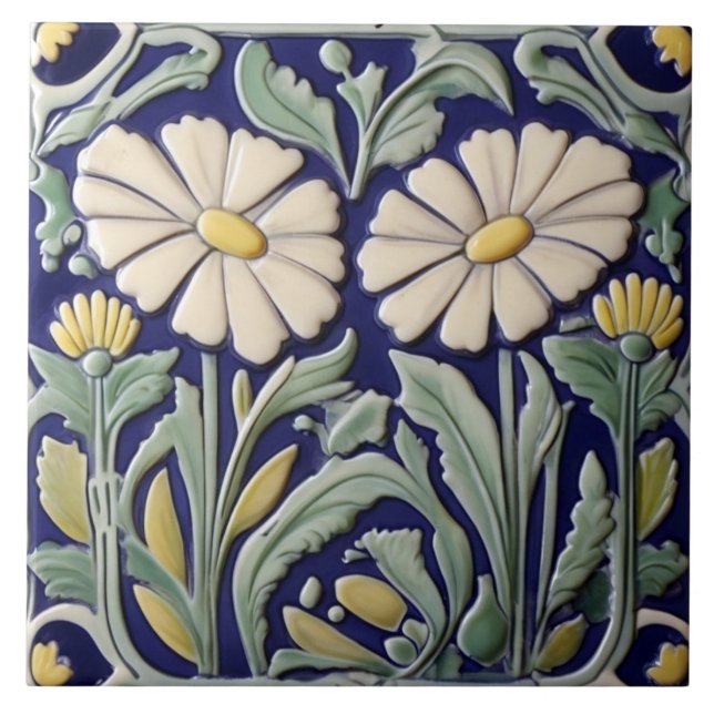 Daisies - Daisy Flower Art Deco Nouveau Green Blue Ceramic Tile (Front)