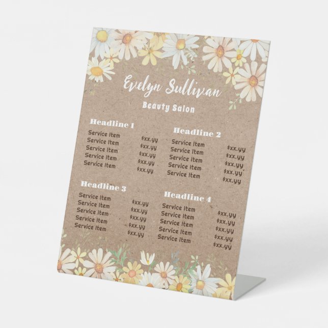 Daisies faux kraft paper Price List Pedestal Sign (Front)