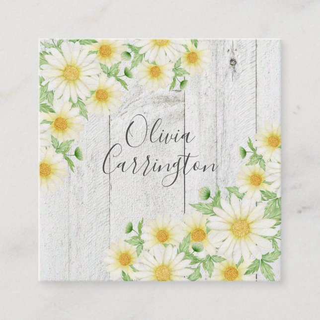 Daisies Faux Wood Personalised Name Square Business Card (Front)