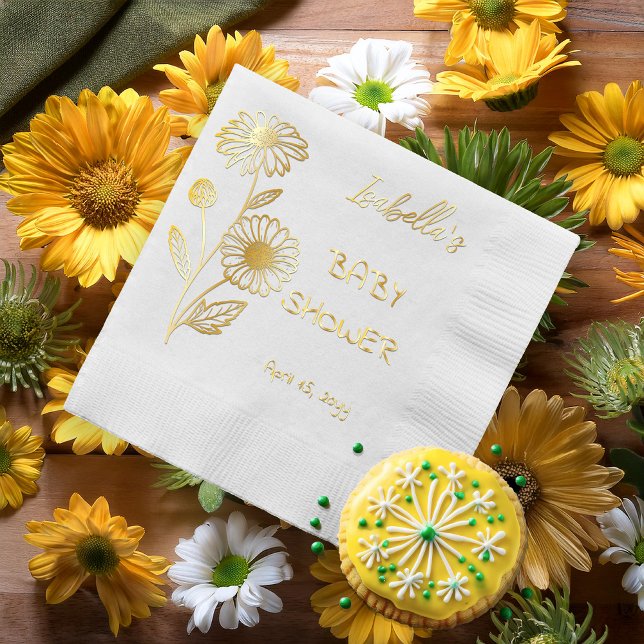 Daisies Floral Baby Shower Foil Napkins (Elegant Daisy Floral Outline Girl Baby Shower Stamped Foil Napkins)