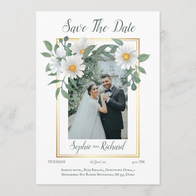 Daisies Floral Gold Wedding Save The Date Card (Front)