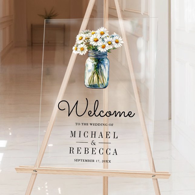 Daisies Floral Mason Jar Wedding Welcome Acrylic Sign (Creator Uploaded)