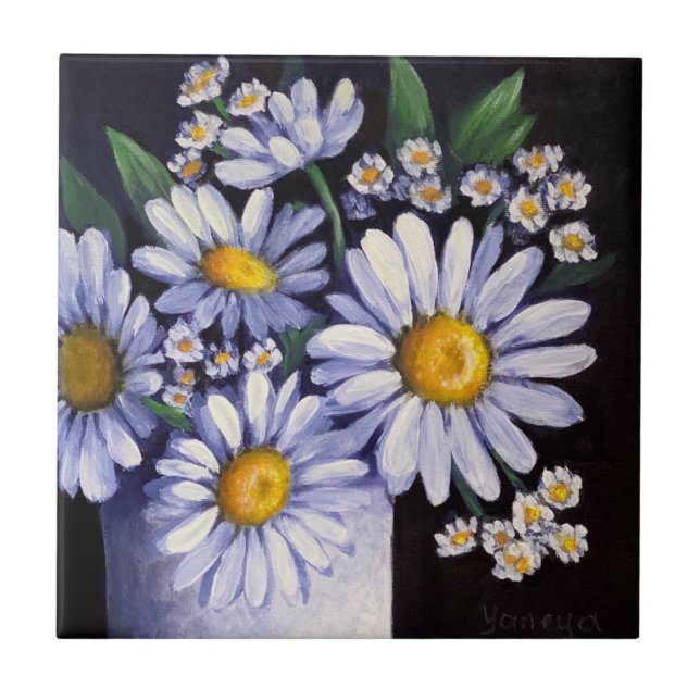 Daisies flower ceramic tile coasters (Front)