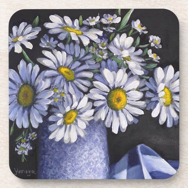 Daisies flower hard plastic coasters (Front)