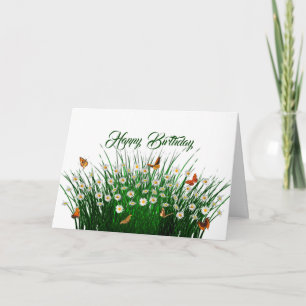 Daisies Green Grass Orange Butterflies Birthday Card