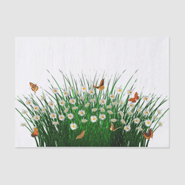 Daisies Green Grass Orange Butterflies Tissue Paper (Front)
