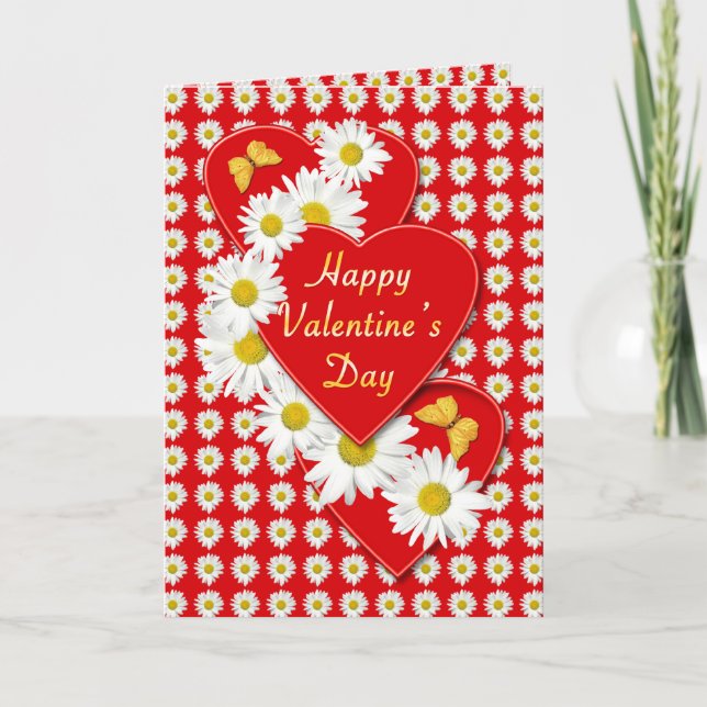 Daisies Hearts and Butterflies Valentine Card (Front)